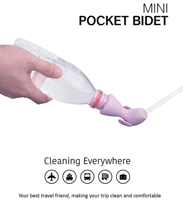 Mini pocket bidet being held by a hand with text on a white background