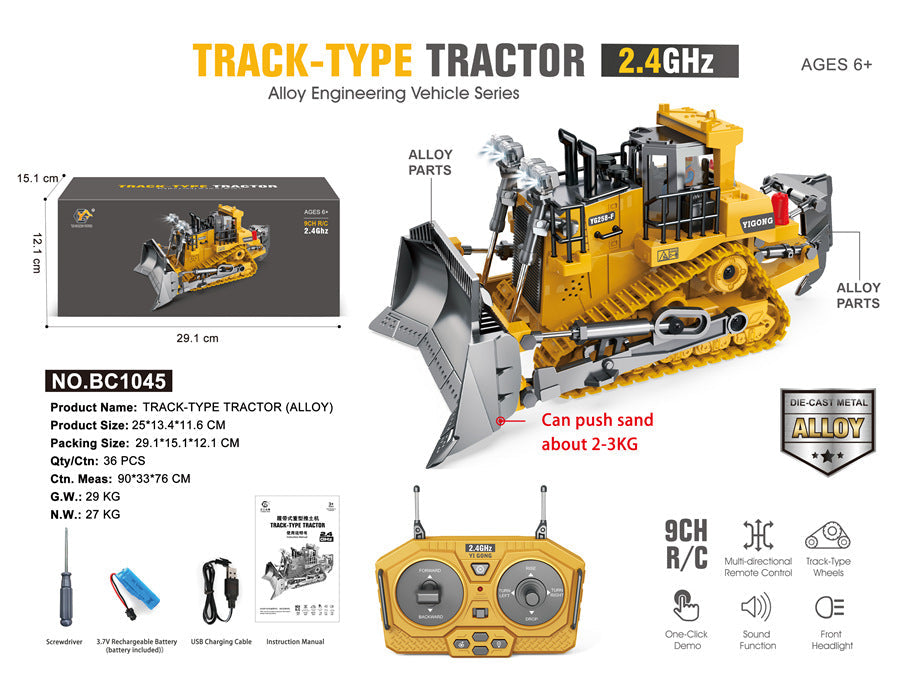 A product listing graphic for a yellow track-type toy tractor set. The image shows the assembled yellow and gray toy tractor, its retail box, remote control, accessories, and informational text including dimensions, weight, and feature icons on a white background.