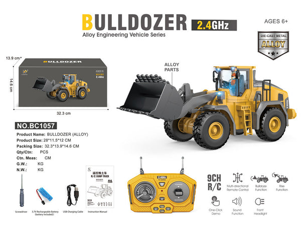 Toy bulldozer with remote control on a white background, featuring product details and specifications.