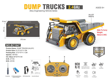 A toy dump truck set, featuring a yellow and gray alloy-engineered dump truck, a remote control, the product box, and accessories on a white background with product specifications.