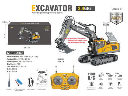 Yi Gong Toys excavator toy set shown with the assembled yellow and gray excavator, remote control, packaging box, accessories, and feature callouts on a white background.