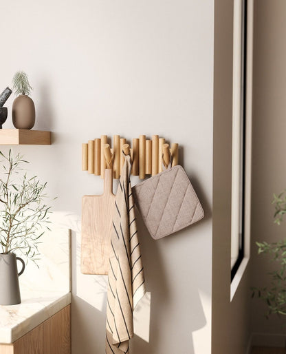 Wooden Wall Clothes Rack with Hidden Hooks | 7 Hooks