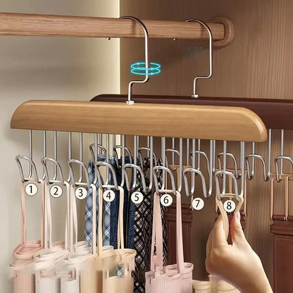 Wooden Clothes Hanger With 8 Hooks Bra Space Saving Hangers Heavy Duty Wooden Hanger With 360° Rotating Hooks Closet Wardrobe